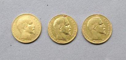 null Trois pièces en or de vingt francs Napoléon tête nue 1859 A - 1859 BB - 1860...