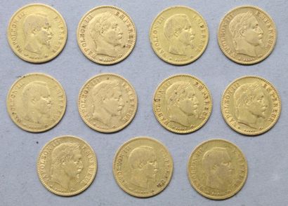 null Lot de onze pièces en or de 10 francs comprenant : 

- 6 x 10 francs Napoélon...