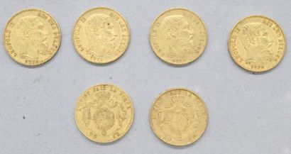 null Lot of six gold coins of 20 Francs Leopold II. (1868, 1870, 1874, 1875, 1877...