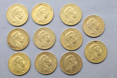 Lot de onze pièces en or 20 Mark Wilhelm...