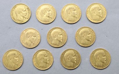 null Lot de onze pièces en or de 20 francs Napoléon III tête nue (2 x 1852A ; 1853...