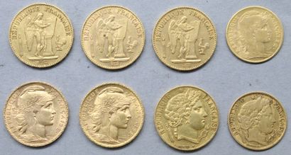 null Lot of eight gold coins including:

- 3 x 20 francs gold with the Genie (1876...