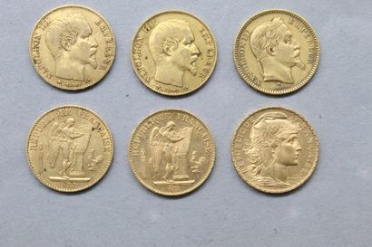 null Lot de six pièces en or comprenant :

- 2 x 20 francs Napoléon III tête nue...