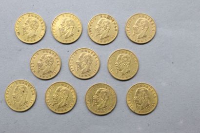 Lot de onze pièces en or de 20 Lires Vittorio...