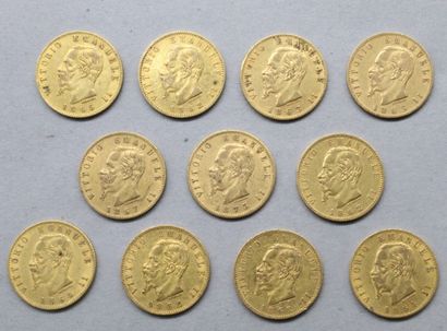 null Lot de onze pièces en or de 20 Lires Vittorio Emmanuel II. (1862 x4, 1863 x2,...
