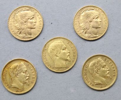 null Lot composé de cinq pièces en or de 20 francs : 

2 x Napoléon III tête laurée...