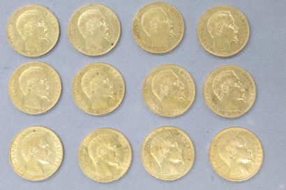 null Douze pièces en or de 20 francs Napoléon III tête nue.

1852 A (x1) - 1853 A...