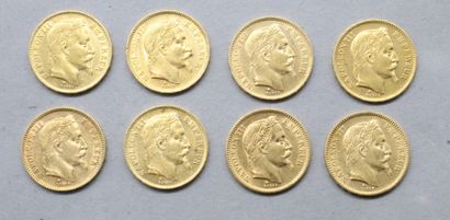 null Huit pièces en or de 20 francs Napoléon III tête laurée.

1862 A (x2) - 1865...