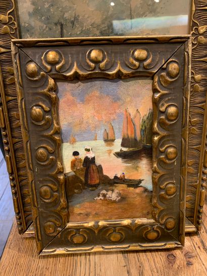 null 
Set of framed pieces :

- MODERN SCHOOL, couple of Bretons in the port, oil...