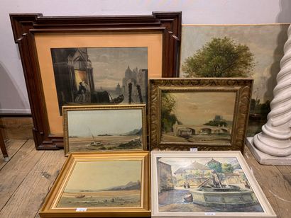 null Set of framed pieces including:

- M. BIENNIER, The fountain, watercolor

-...