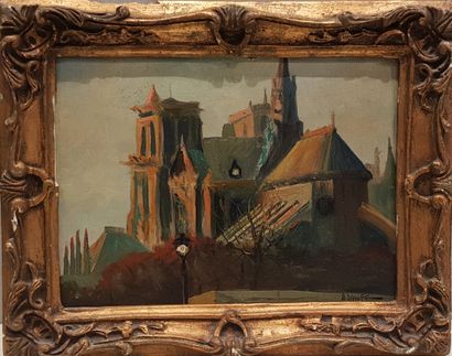 null Handle of framed pieces including: 

- C. GIGNOUX, Landscape, oil on canvas,...