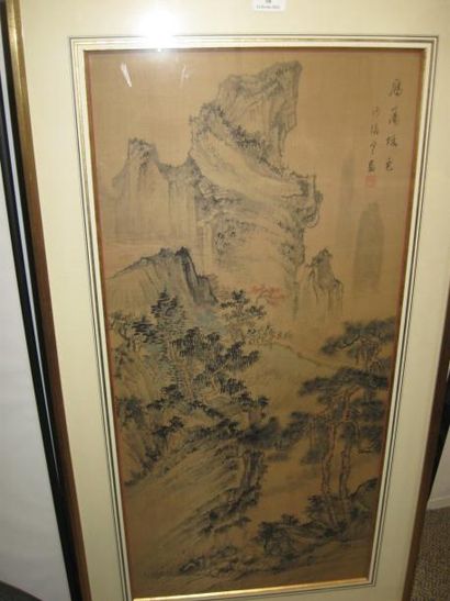 null Peinture sur soie d'un paysage traditionnel chinois au sein duquel se trouve...