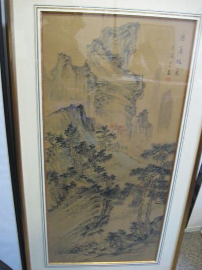 null Peinture sur soie d'un paysage traditionnel chinois au sein duquel se trouve...