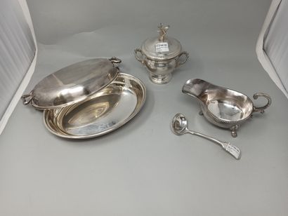 null A sauceboat with its spoon and a sugar bowl in silver plated metal, the lid...