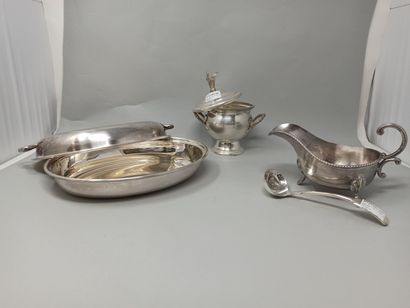 null A sauceboat with its spoon and a sugar bowl in silver plated metal, the lid...