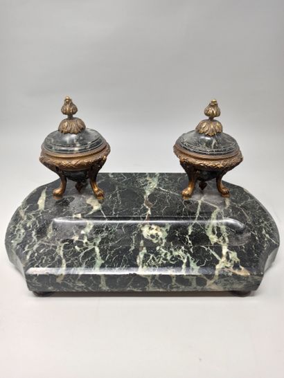 Sea green marble inkwell with two reservoirs...