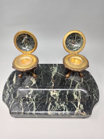 null Sea green marble inkwell with two reservoirs and bronze mount with goat feet...