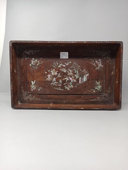 null Rectangular wooden display tray with inlaid mother-of-pearl decoration depicting...