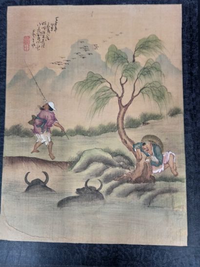 null 
JAPON, Fin XIXe siècle

Six oban tate-e sur soie et réhauts d'aquarelle. 

H....