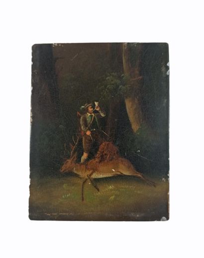 null 
BLACK FOREST OR BAVARIAN SCHOOL, 19th century

hunter on a dead stag

Oil on...