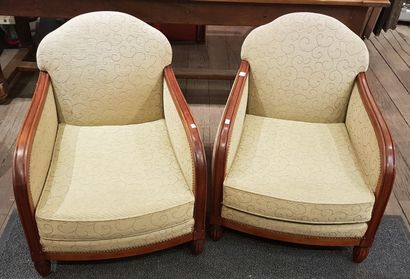null Paire de fauteuils modernes recouverts d'un tissus en velours beige à motifs...