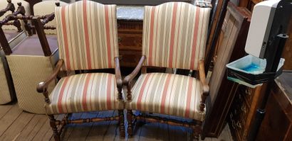 null Paire de fauteuils en bois naturel garnis de tissu à rayures rouge et beige,...