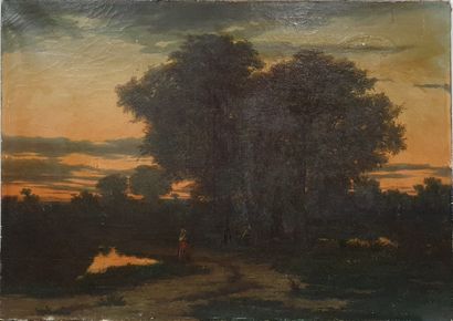 null FRENCH ECOLE 19th century,

Landscape at dusk, 1855,

oil on canvas (cracks...