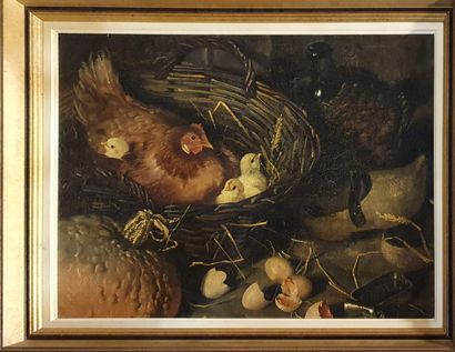 null FRENCH SCHOOL early 20th century, 

Chickens and chicks in a basket, 

oil on...