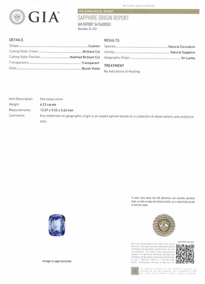 null Cushion sapphire on paper. 

Accompanied by a GIA certificate indicating unheated,...