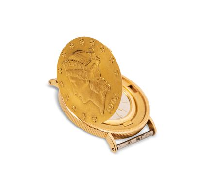 null Watch in the form of a coin in 18K (750) gold. Concealed case. Gold dial. Dial...