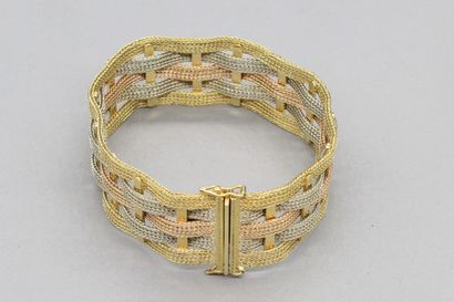 null Three-tone 18K (750) gold bracelet composed of five flat mesh bands, ratchet...