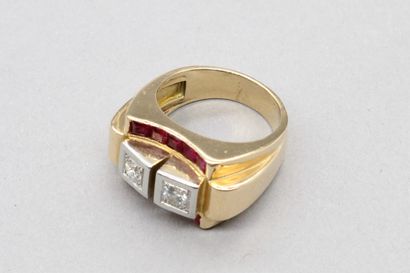 null 
Tank ring in 18K (750) yellow gold adorned with two brilliant-cut diamonds...