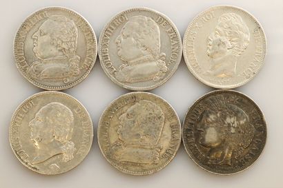 null FRANCE

Lot of 6 pieces of 5 Francs in silver

Louis XVIII : 1814 A, 1815 L...