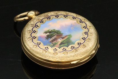 null Pocket watch in 18k (750) yellow gold, dial with white enamel background (accidents)...