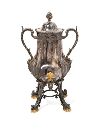 null Silver-plated metal tea fountain, of baluster form, with flat sides and channels,...