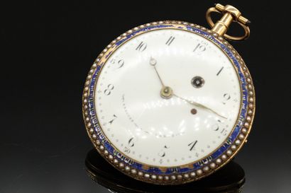 null Gold and enamel pocket watch. Hinged case, guilloche back, polychrome enamel...