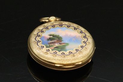 null Pocket watch in 18k (750) yellow gold, dial with white enamel background (accidents)...