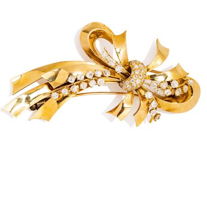 Large 18K (750) gold ribbon bow clip, adorned...