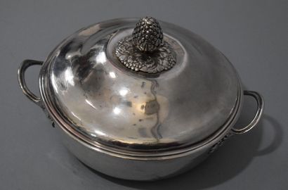 null Covered round silver vegetable dish, the handles with nets and leafy attachments,...