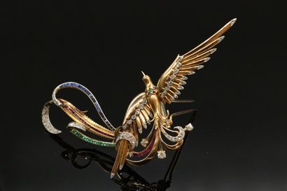 null 18K (750) gold lapel clip depicting a bird of paradise, the wings set with rose-cut...