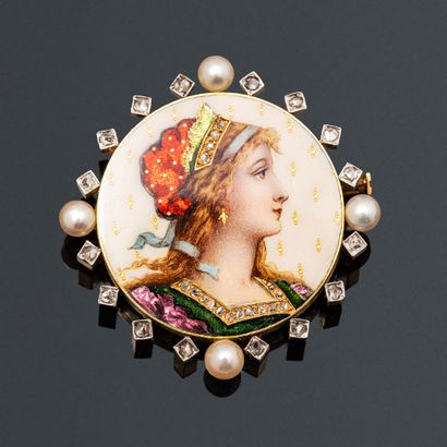 18K (750) gold brooch, decorated with a polychrome...