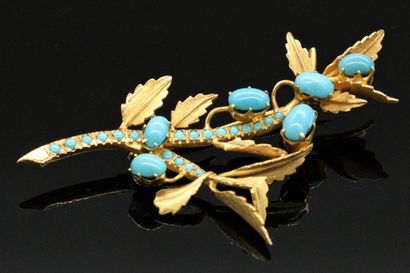 null Brooch in 18K (750) gold drawing foliage set with turquoise cabochons. 

Probably...