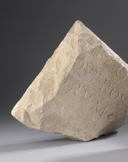null Fragment of a reused plaque with a Latin inscription "IBERI-QUE-POS-.RUM." engraved...