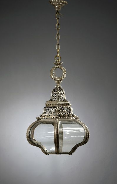 null Lantern of vestibule of form violonnée out of engraved silver plated metal decorated...