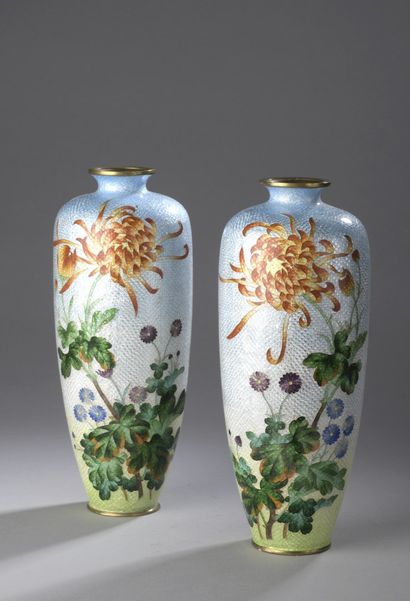 null JAPAN - 20th century

Pair of ovoid cloisonné vases decorated with flowering...