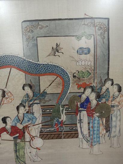 null CHINA - Early 20th century

Two inks and colors on silk, dance scenes, signed...