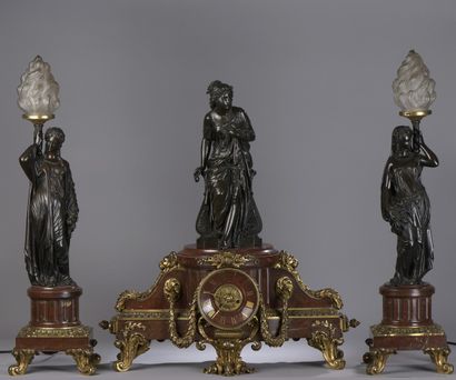 null 
Mantel set in griotte red marble and gilded bronze, consisting of a clock with...