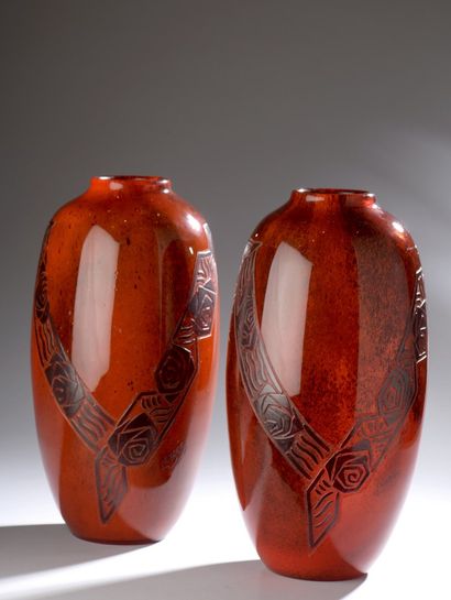 LEGRAS 

Pair of vases with obusal body slightly...