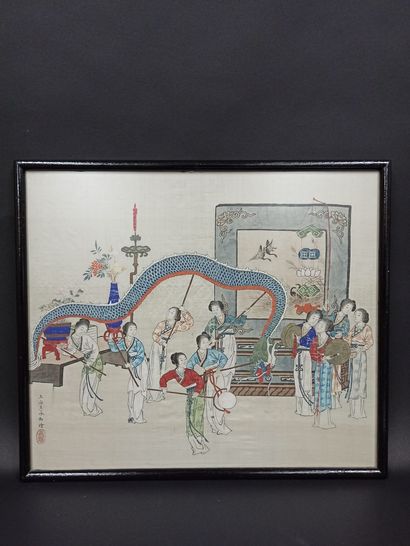 null CHINA - Early 20th century

Two inks and colors on silk, dance scenes, signed...