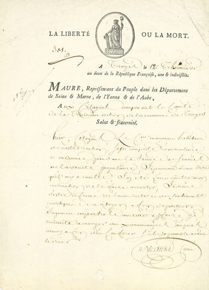 null Nicolas-Sylvestre MAURE (1743-1795) conventionnel (Yonne), décrété d'accusation...